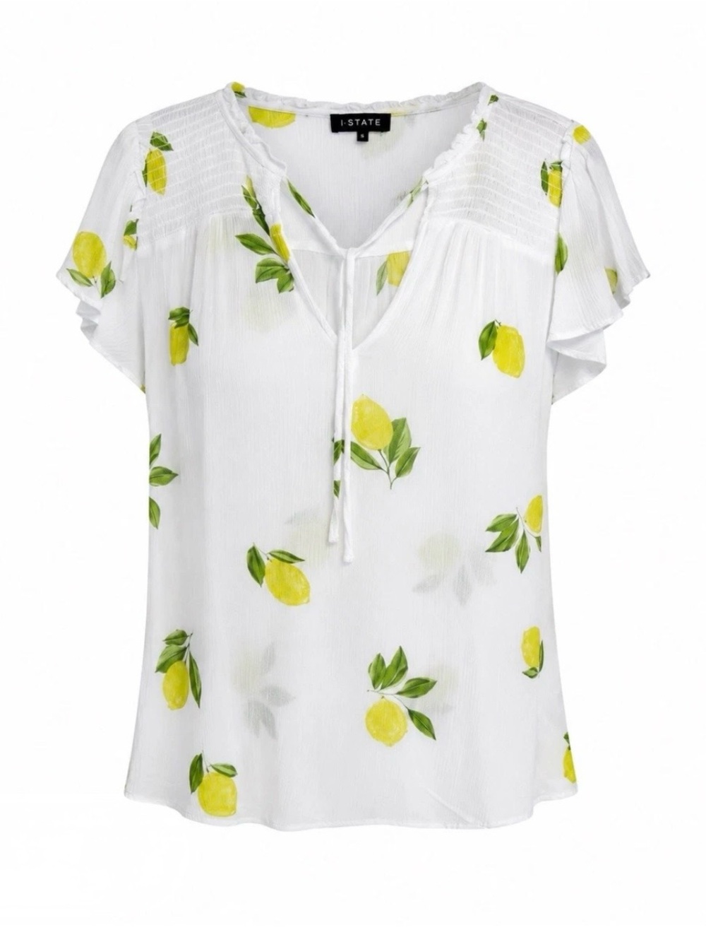 STATE White Lemon-Print Tie-Neck Flutter Sleeve‎ Blouse White Rayon Sz XL fits L